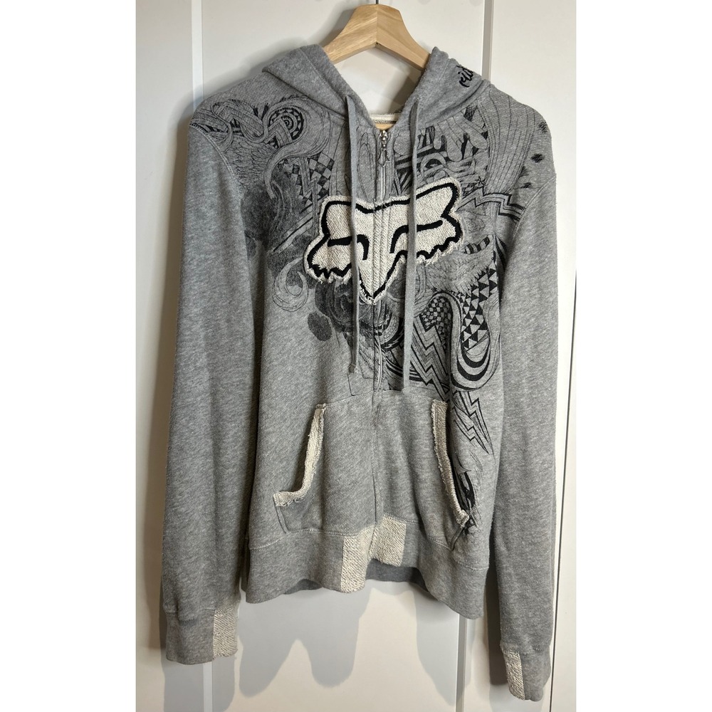 Y2K Fox Racing Womens L Gray Full Zip Hoodie  Logo Graphic Ride On Motocross